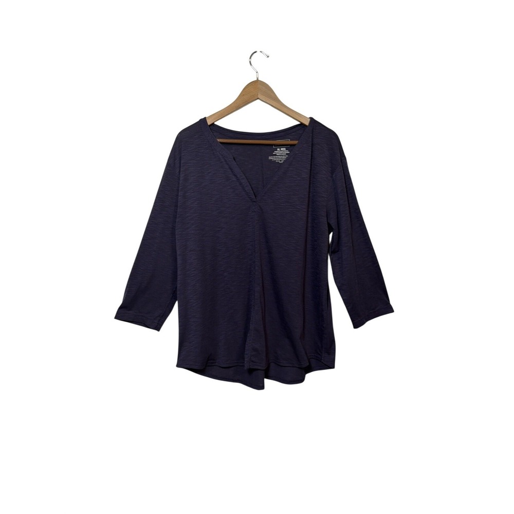 LL Bean T-Shirt Women XL Purple 3/4 Sleeve Split Neck Stretch Top Blouse